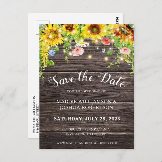 RUSTISCHES SONNENBLUMENLICHT BARNWOOD SAVE THE DAT POSTKARTE (Vorne/Hinten)