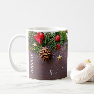 Rustisches Weihnachtstablett mit Kiefer & Schnee Kaffeetasse