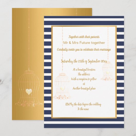 RUSTISCHES WEISSES GOLDSTREIFEN 2 WEDD EINLADUNG (Vorne/Hinten)