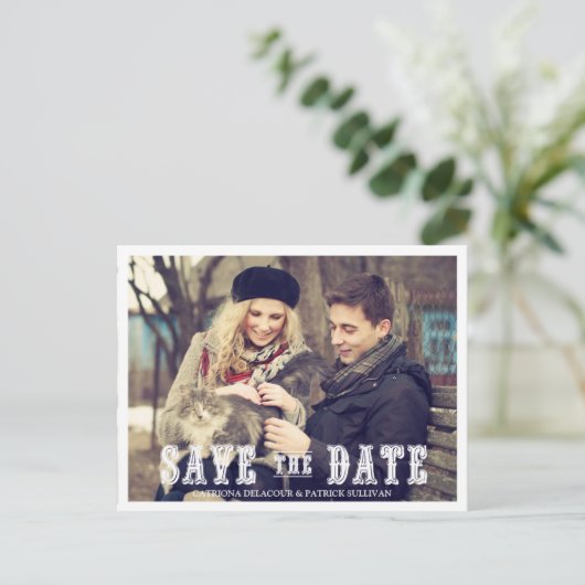 RUSTISCHES WESTERN SCRIPT FOTO SAVE THE DATE POSTC ANKÜNDIGUNGSPOSTKARTE (Stehend Vorderseite)