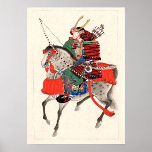 Rüstung und Hornhelm, Samurai auf Pferd Poster