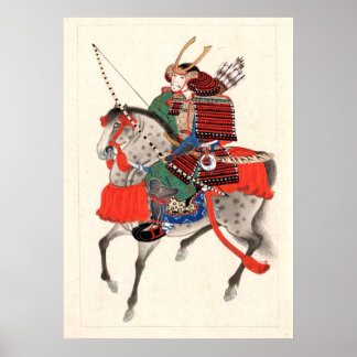 Rüstung und Hornhelm, Samurai auf Pferd Poster