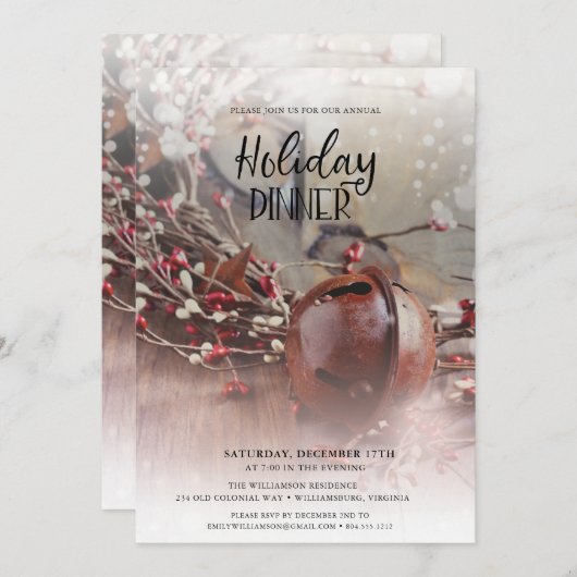 Rusty Bells Holly Berries Abendessen Einladung (Vorne/Hinten)