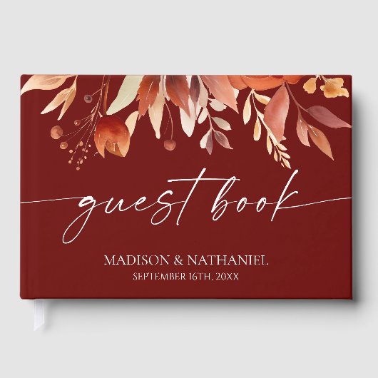 Rusty Burgundy Brown Floral Blume Wedding Gästebuch (Vorderseite)