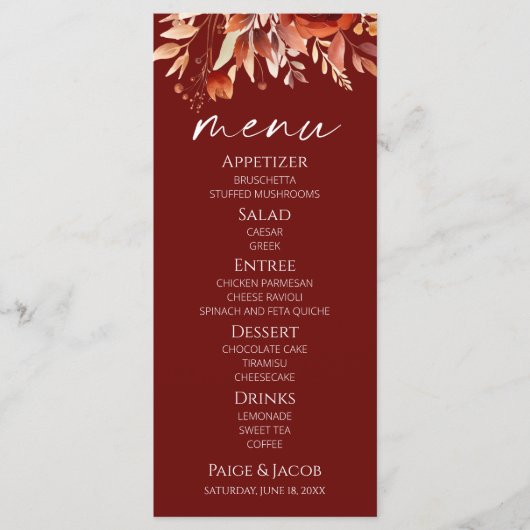 Rusty Burgundy Brown Floral Blume Wedding Menükarte (Vorderseite)