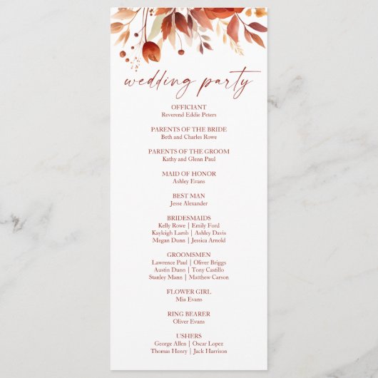 Rusty Burgundy Brown Floral Blume Wedding Programm (Rückseite)