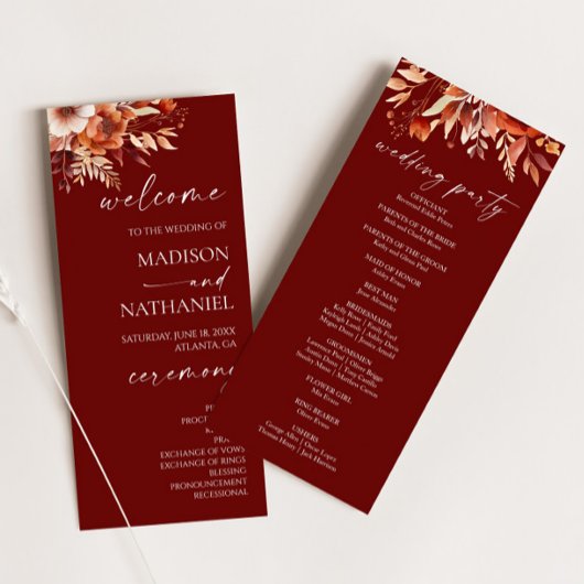Rusty Burgundy Brown Floral Blume Wedding Programm