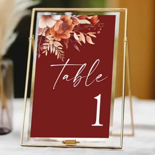 Rusty Burgundy Brown Floral Blume Wedding Tischnummer