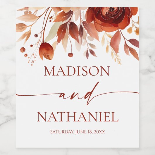 Rusty Burgundy Brown Floral Blume Wedding Weinetikett (Einzelnes Label)