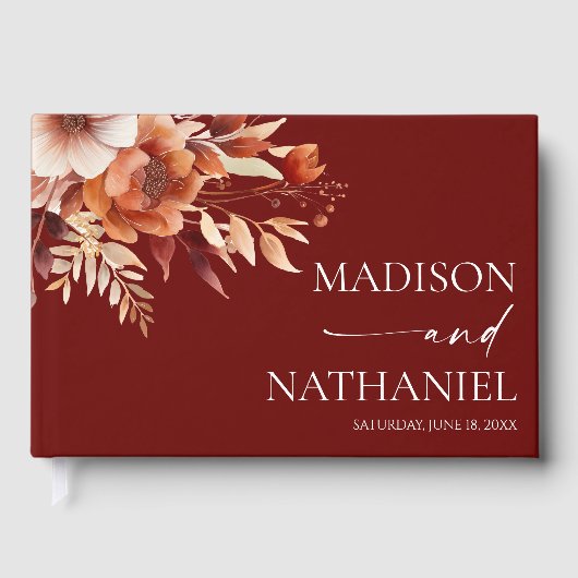 Rusty Burgundy Brown Floral Flower Wedding Gästebuch (Vorderseite)