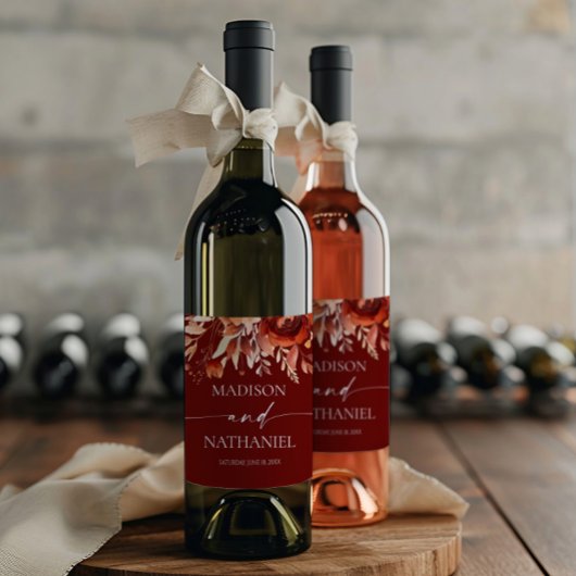 Rusty Burgundy Brown Floral Flower Wedding Weinetikett