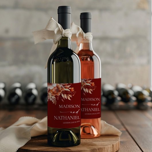 Rusty Burgundy Brown Floral Flower Wedding Weinetikett