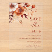 Rusty Burgundy Brown Floral Wedding Save The Date Acryleinladungen (Vorderseite)
