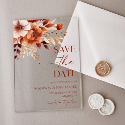 Rusty Burgundy Brown Floral Wedding Save The Date Acryleinladungen