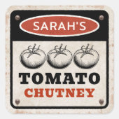 Rusty Custom Tomato Chutney-Etikett mit Grunge-Zei Quadratischer Aufkleber (Vorderseite)