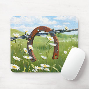 Rusty Horseshoe auf einem Stacheldraht Mousepad