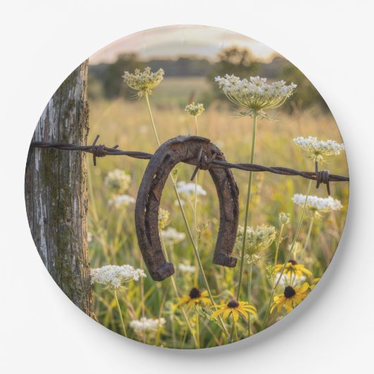 Rusty Horseshoe on Barbed Wire Fence Pappteller (Vorderseite)