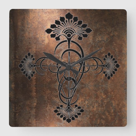Rusty Metal mit Art Nouveau Design auf einem Quadratische Wanduhr (Vorderseite)