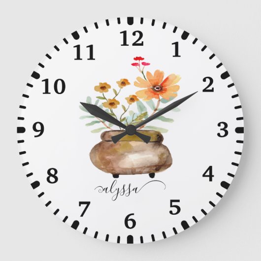 Rusty Pink Rose Blume Trendy Script Name Große Wanduhr (Vorderseite)