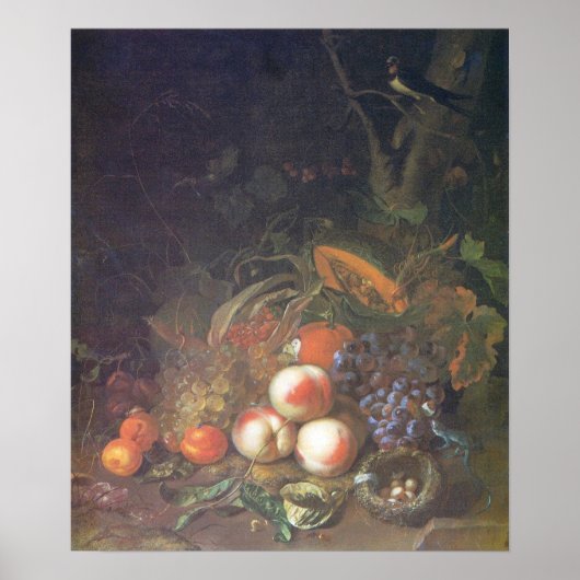 Ruysch - Obst, Stillleben mit Vogelnest Poster (Vorne)
