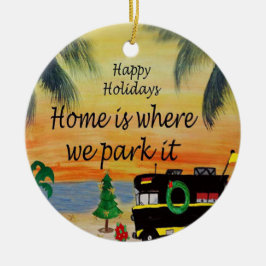 RV Weihnachtscamper in Sonnenuntergang-Ornament au Keramik Ornament