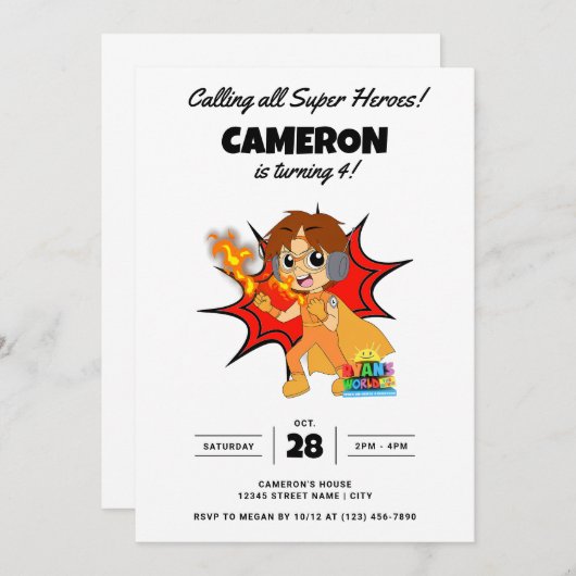 Ryan's World Comic Geburtstag Einladung (Vorne/Hinten)