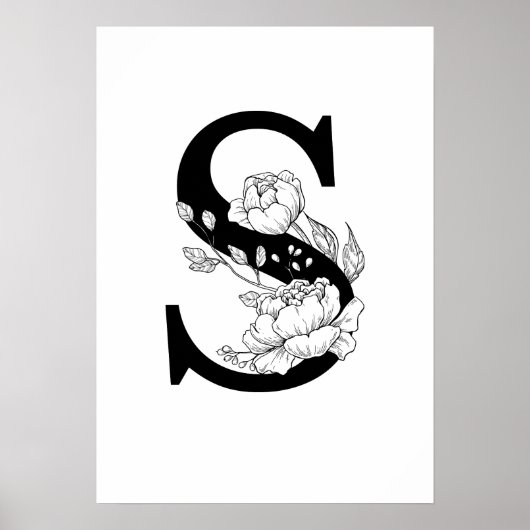 S botanical monogram. Letter initial with peonies Poster (Vorne)