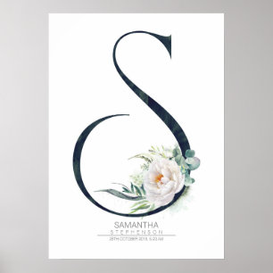 S-Buchstaben-Monogramm Weiße Blumen und Grün Poster