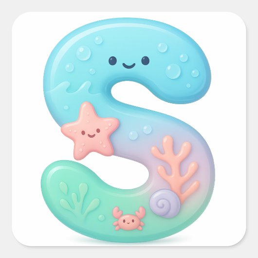 "S" Cute Letter - Underwater Sea Creature Quadratischer Aufkleber (Vorderseite)