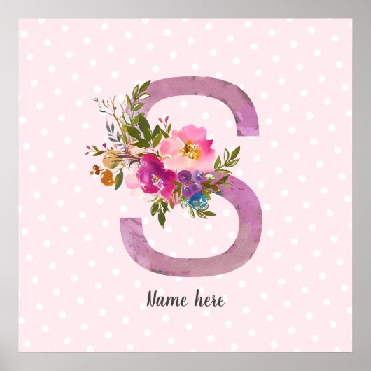 S, Floral Monogramm initial, Aquarellfarbe Blume Poster (Vorne)