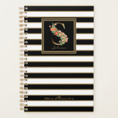 S Gold Floral Monogram | Schwarz-weiße Streifen Planer (Vorderseite)