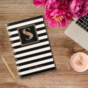 S Gold Floral Monogram   Schwarz-weiße Streifen Planer