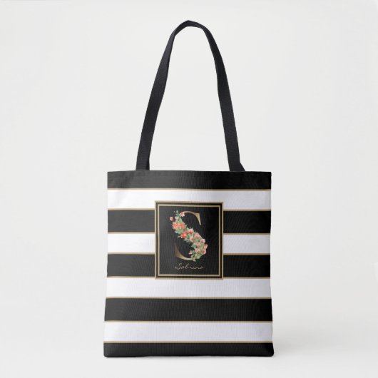 S Gold Floral Monogram | Schwarz-weiße Streifen Tasche (Vorderseite)