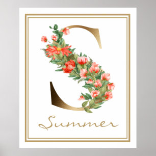 S Letter Gold Monogram Orange Blume Poster