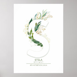 S Letter Monogram Gold Greenerage Foliage Chic Poster