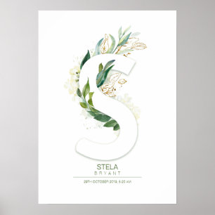 S Letter Monogram Gold Greenerage Foliage Chic Poster