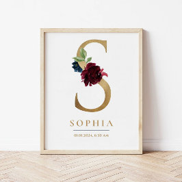 S Letter Monogram Name Marsala Floral Kinderzimmer Poster