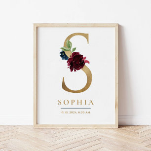 S Letter Monogram Name Marsala Floral Kinderzimmer Poster
