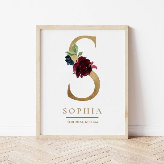 S Letter Monogram Name Marsala Floral Kinderzimmer Poster