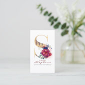 S Monogram Burgundy Gold und Navy Blue Floral Visitenkarte (Stehend Vorderseite)