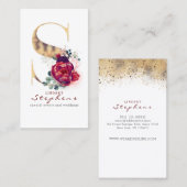 S Monogram Burgundy Red Blume und Gold Glitzer Visitenkarte (Vorne/Hinten)