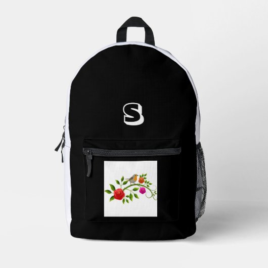 "S" Monogram Elegant Bird Sitting Branch Students Bedruckter Rucksack (Vorderseite)