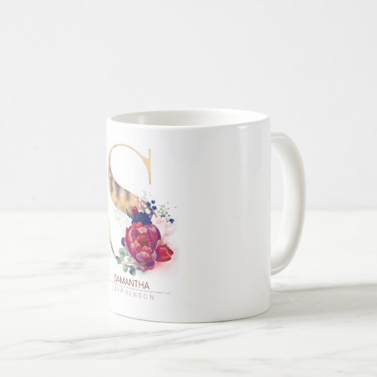 S Monogram Floral Burgund Red and Navy Blue Kaffeetasse (VorderseiteRechts)
