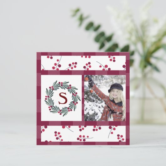 "S" Monogram Foto Holly Berry Wreath Holiday (Stehend Vorderseite)