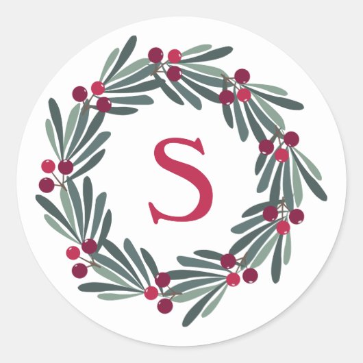 "S" Monogram Holly Berry Wreath Runder Aufkleber (Vorderseite)