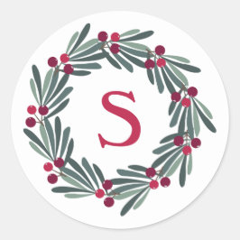 "S" Monogram Holly Berry Wreath Runder Aufkleber
