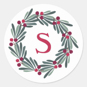 "S" Monogram Holly Berry Wreath Runder Aufkleber