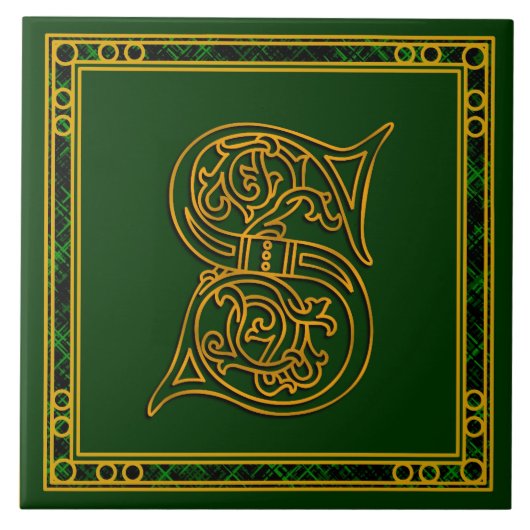 S Monogram "Irish Gold on Green" Keramik Tile Fliese (Vorderseite)