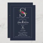 S Monogram Last Erststart Modern Blue Floral Weddi Einladung (Vorne/Hinten)