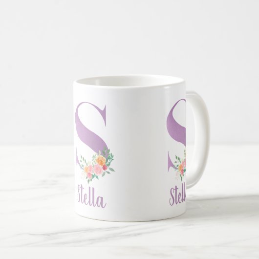 S Monogramm Lila Blumenfarbe Personalisiert Kaffeetasse (VorderseiteRechts)